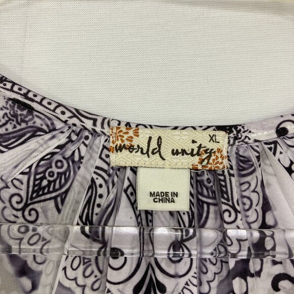 New World Unity size XL Black White Embellished Split Neck Boho Festival Top - Picture 2 of 9